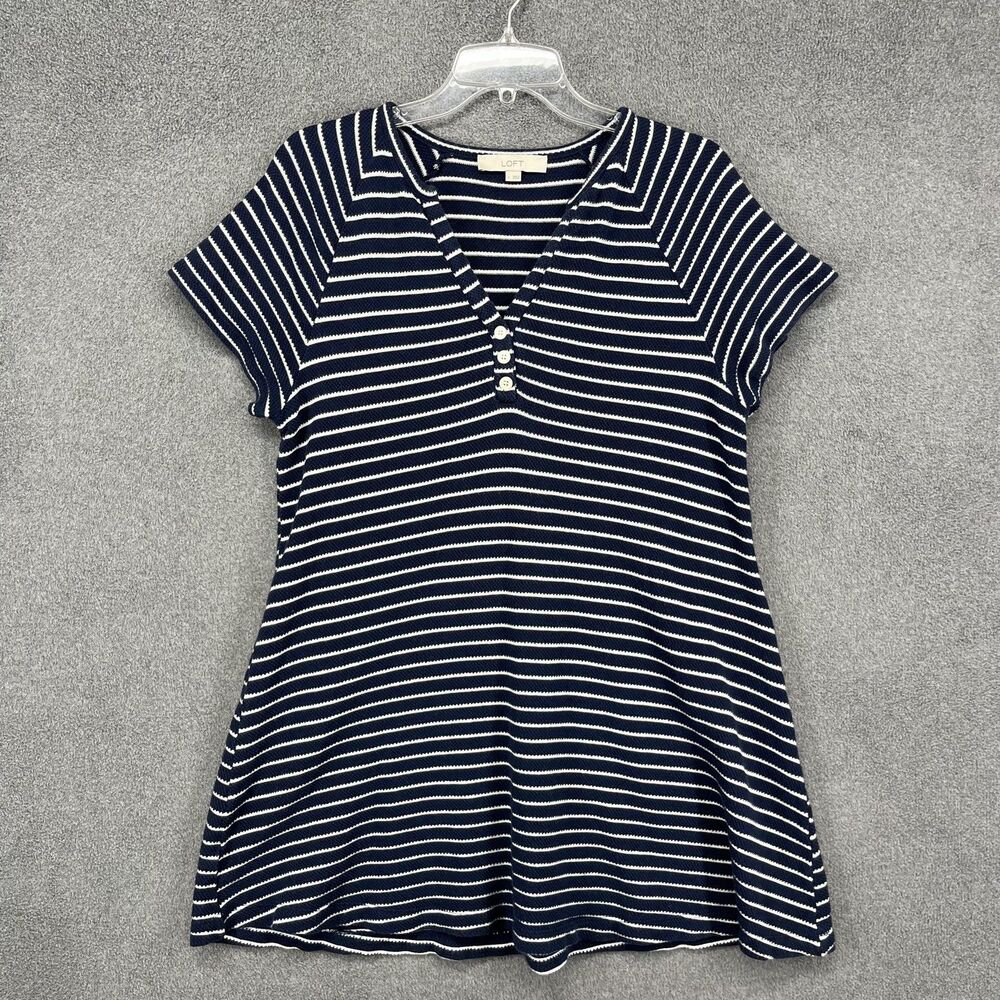 LOFT Shirt Womens Large Navy Blue White Striped‎ V Neck Henley Short Sleeve Knit